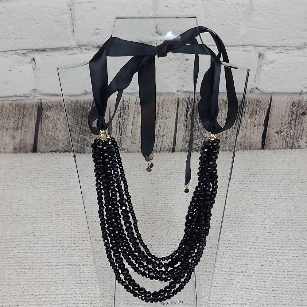 Ann Taylor Loft Elegant Black Beaded Multi Strand Layered Statement Bib Necklace